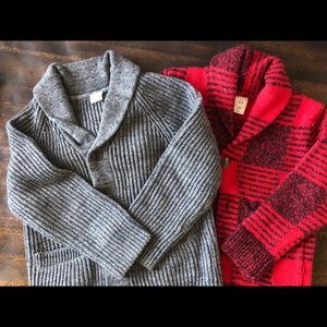 Red Plaid & Solid Gray Cardigans 3yrs